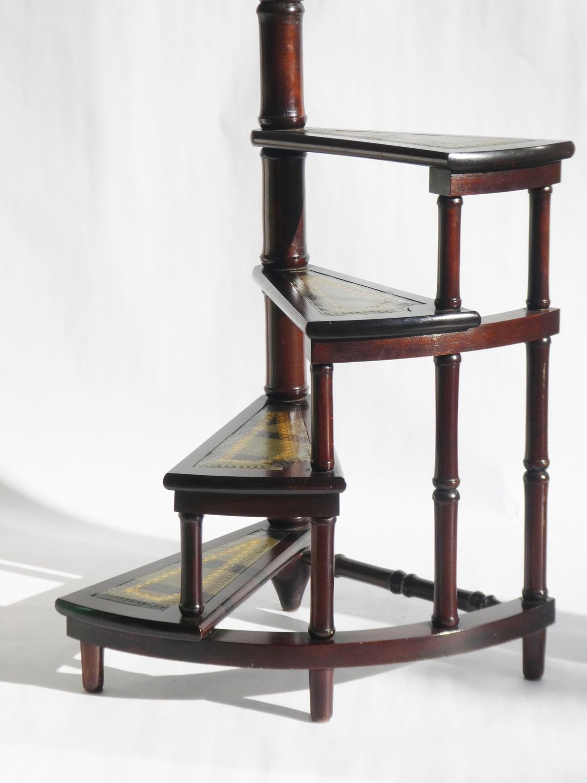 Victorian Wooden Library Stairs Green Leather, Large 50's Spiral Bookcase Ladder, Mahogany Steps photo buy