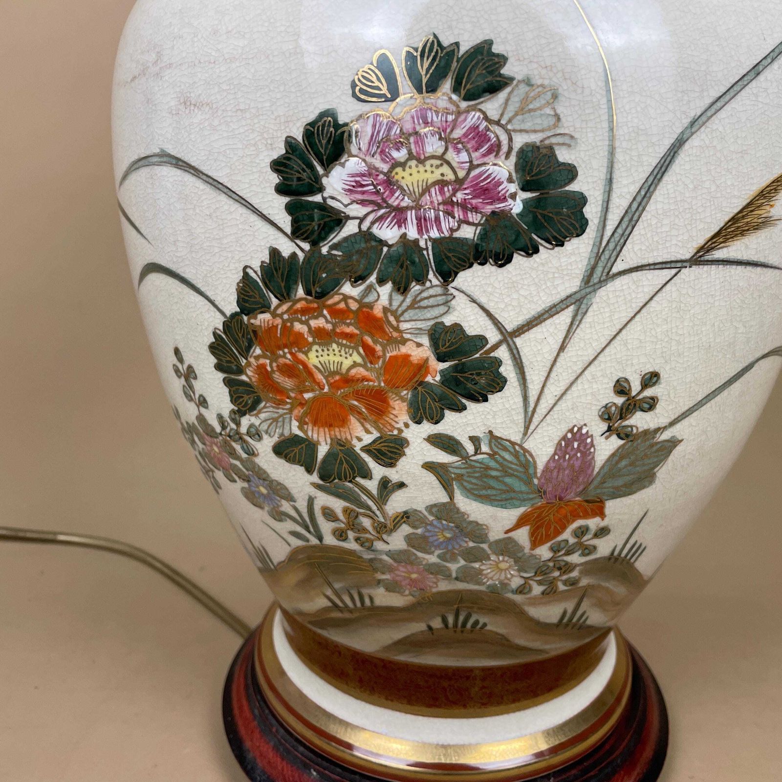 Large Oriental Antique Ceramic Lamp Light Bedside Table Hand Painted Floral Design Birds Gold Metal Painted Wood Base Chinese Vase Vintage photo buy