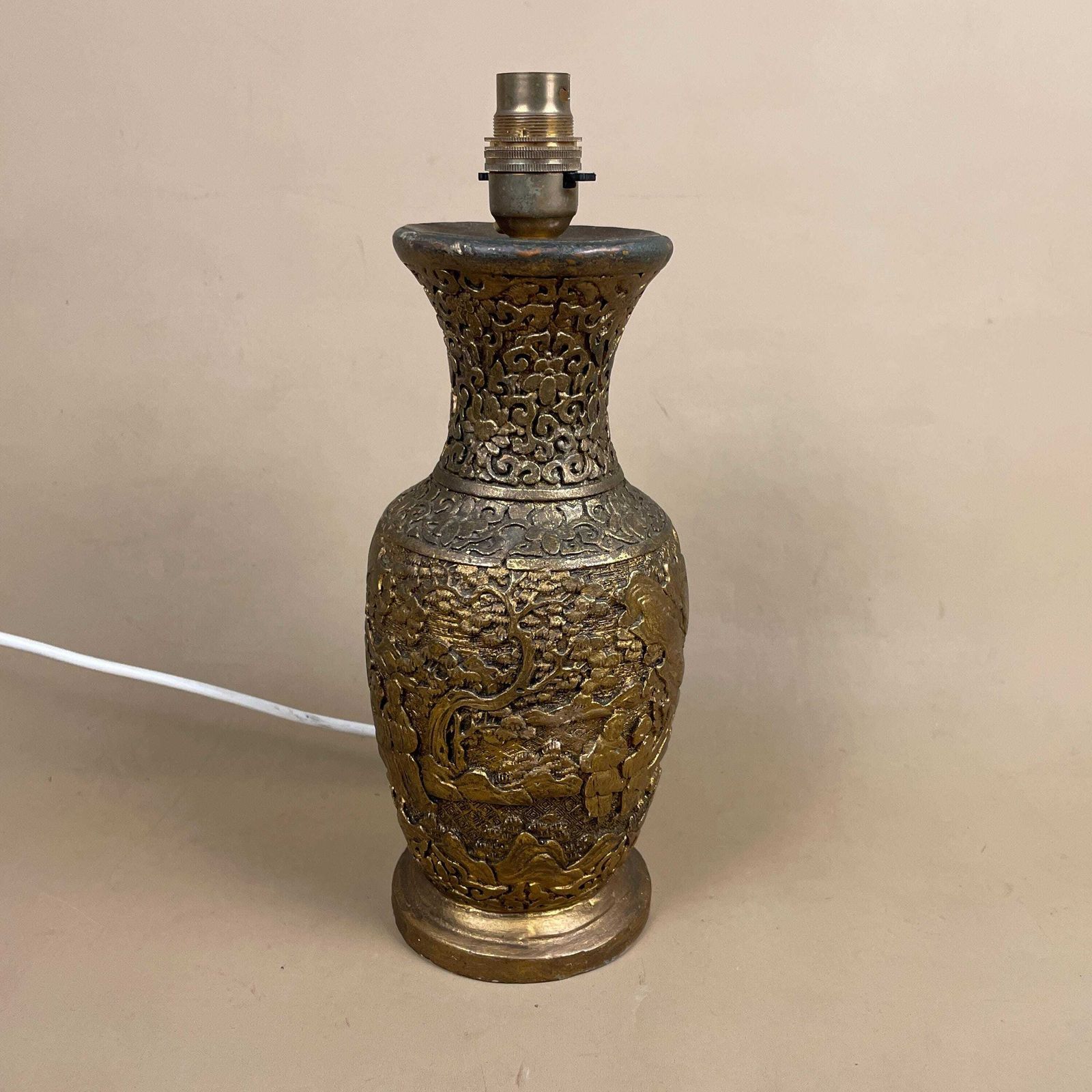 Oriental Patterned Lamp Bedside Table Light Vase Pottery Clay Antique Pattern Hand Painted Gold Brass Vintage Ornate Detail Medium photo Lighting