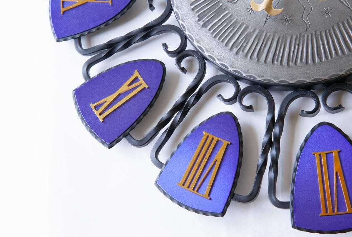 1960s Europa Wrought Iron Wall Clock Mid Century Atomic Germany Modernism Starburst Junghans Blue Gold photo vinterior