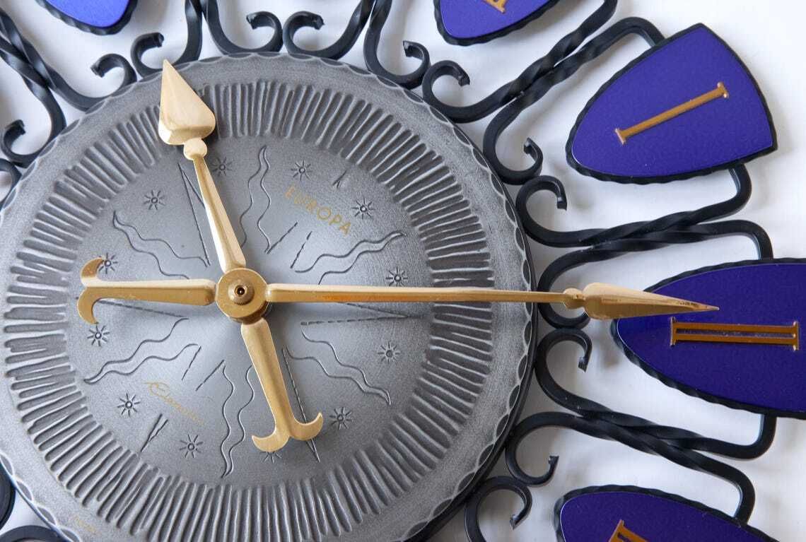 1960s Europa Wrought Iron Wall Clock Mid Century Atomic Germany Modernism Starburst Junghans Blue Gold photo buy