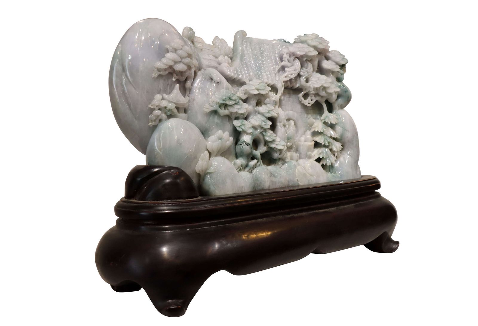 Exceptional Large Chinese Carved Jade Mountain Landscape Sculpture On Hardwood Stand photo furniture