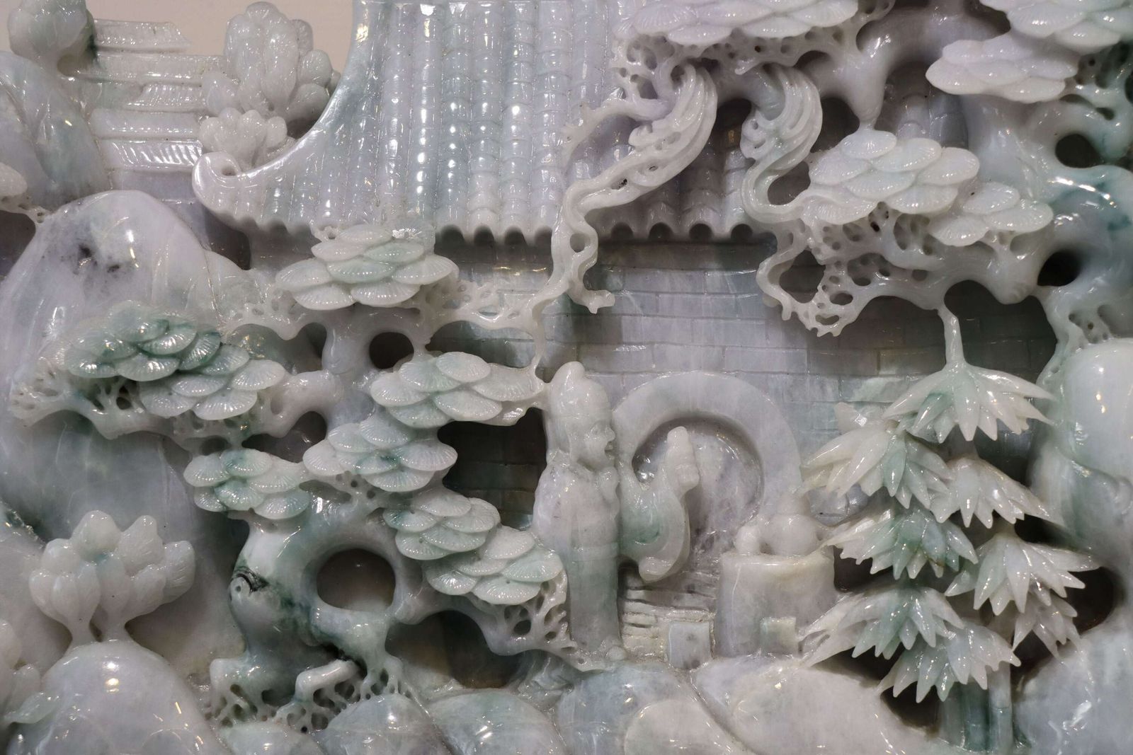 Exceptional Large Chinese Carved Jade Mountain Landscape Sculpture On Hardwood Stand photo vintage
