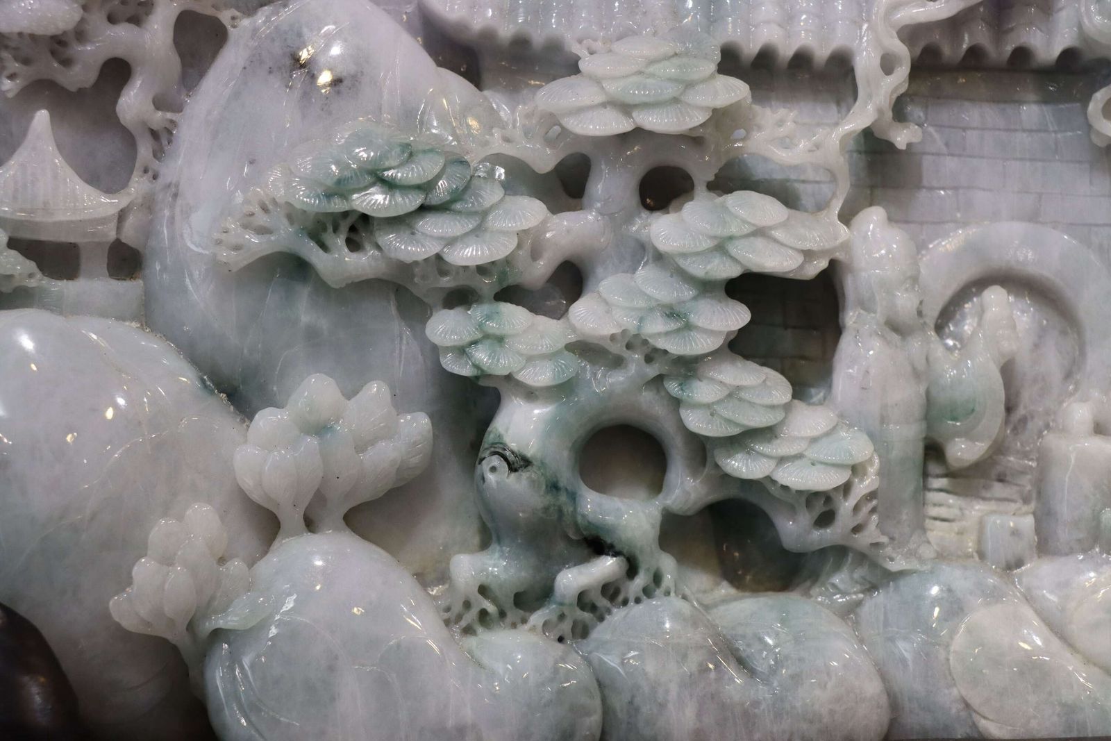 photo furniture Exceptional Large Chinese Carved Jade Mountain Landscape Sculpture On Hardwood Stand