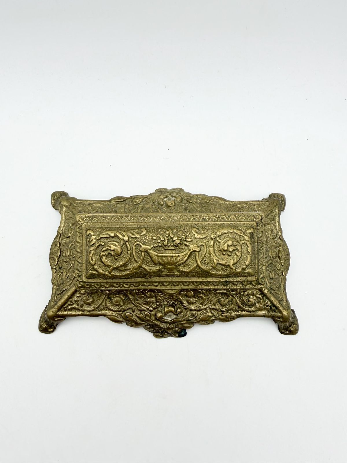 Antique Art Nuveau Brass Stamp Box, Small Ornate Brass Box photo furniture