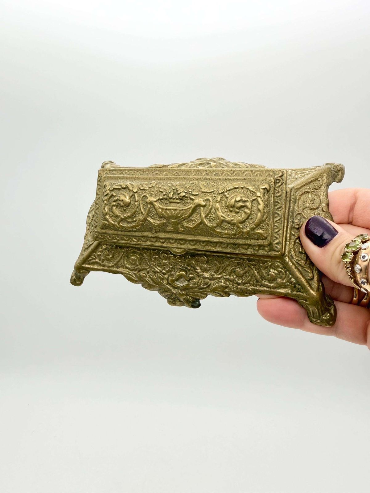 Antique Art Nuveau Brass Stamp Box, Small Ornate Brass Box photo buy