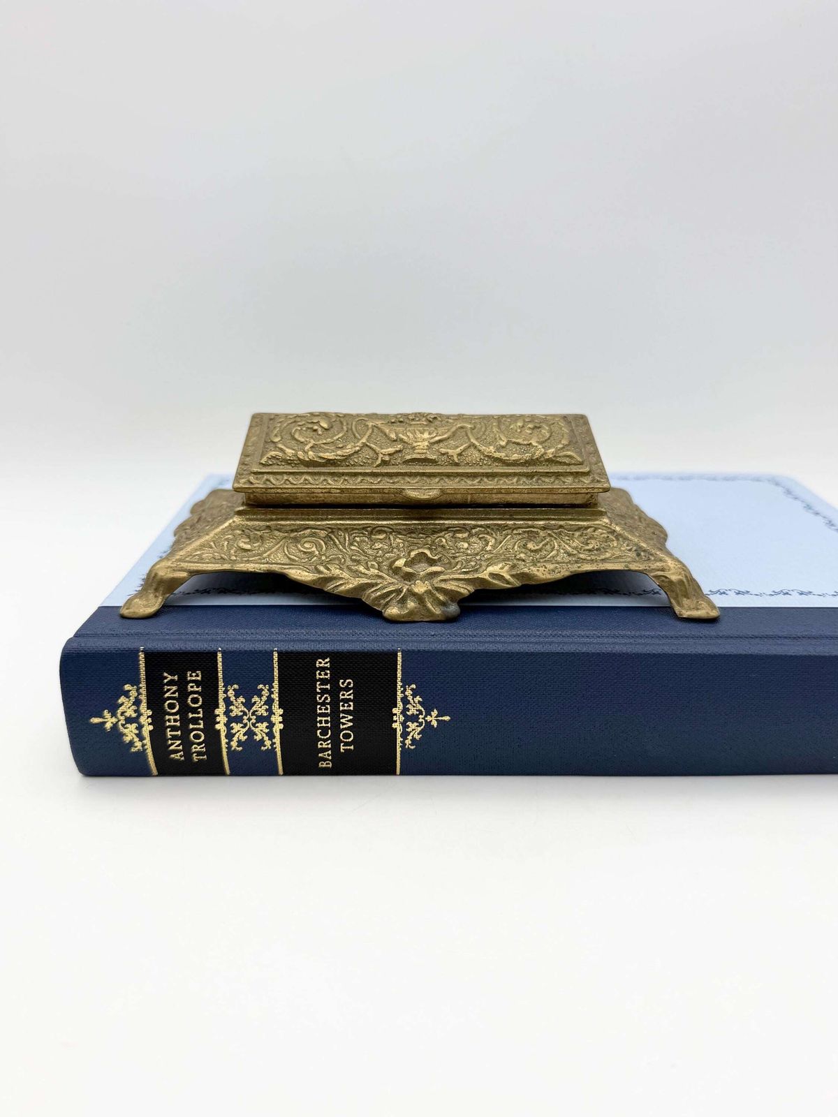 Home Decor Antique Art Nuveau Brass Stamp Box, Small Ornate Brass Box photo
