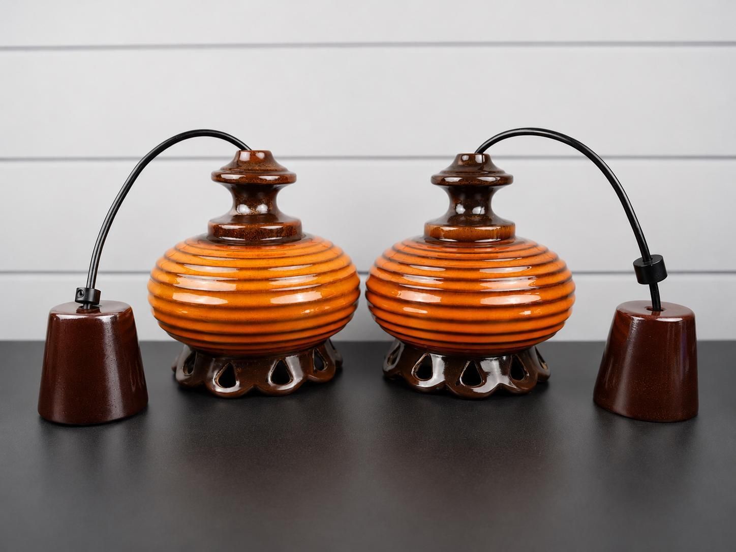 Vintage Set Of 2 Brown And Orange Ceramic Pendant Lamps – West German Pottery Ceiling Lights – 1960s 1970s Mid Century Modern