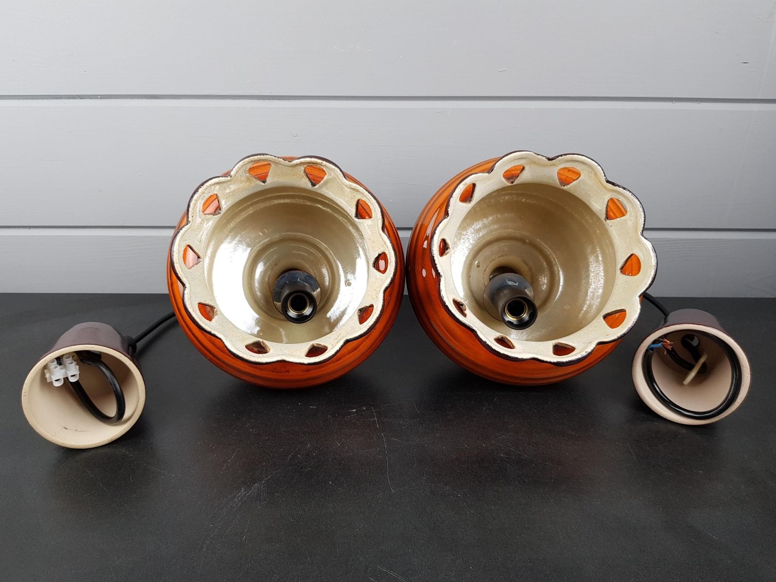 Vintage Set Of 2 Brown And Orange Ceramic Pendant Lamps – West German Pottery Ceiling Lights – 1960s 1970s Mid Century Modern photo buy