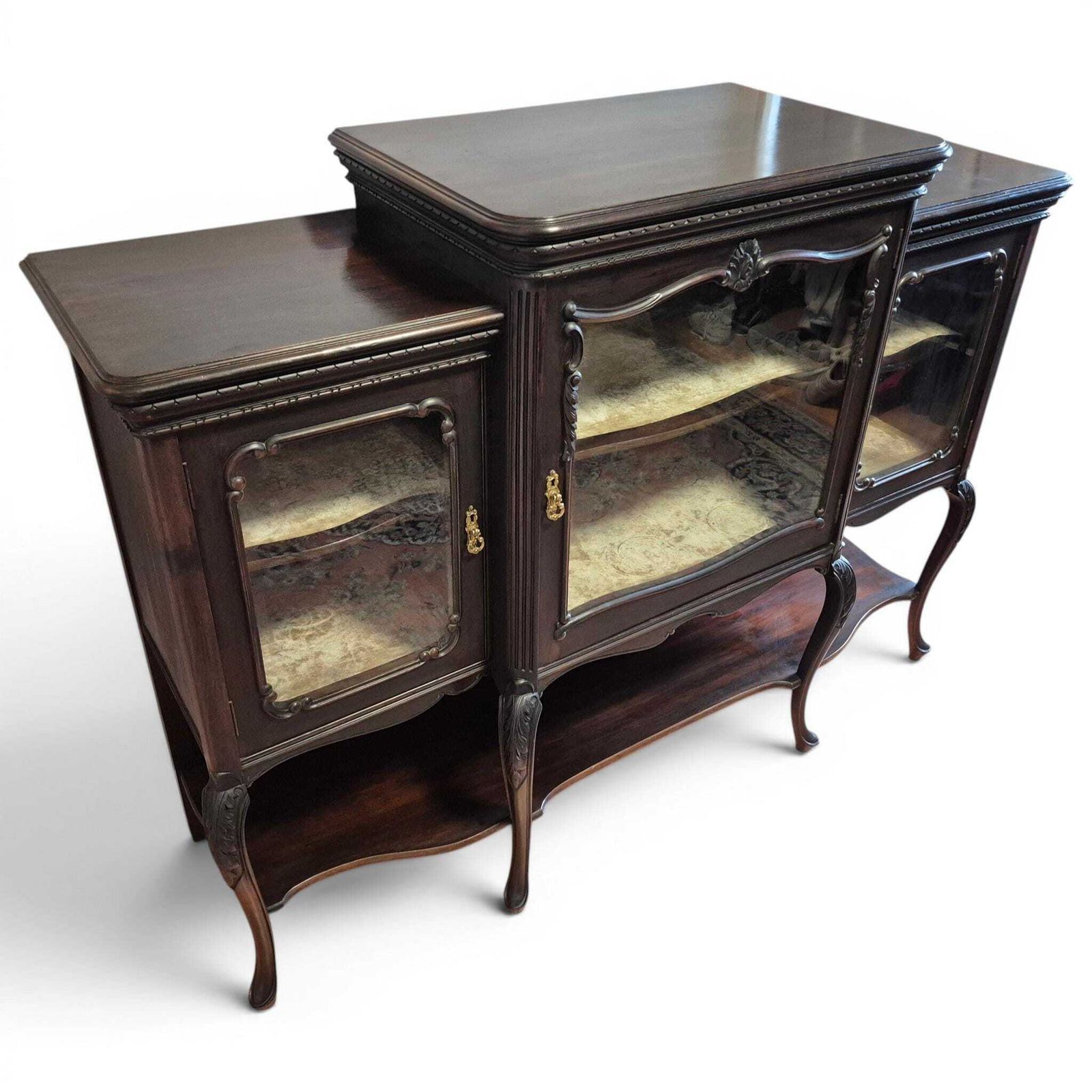 Antique Victorian Mahogany Glazed Bookcase Cabinet Mirror Back Display Cabinet By W. Walker & Sons photo Furniture