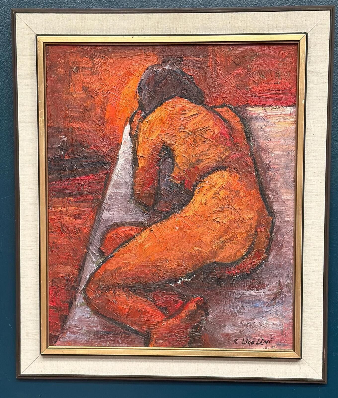 Original Italian Oil On Canvas – “Reclined Woman” By Renzo Ugolini – Vintage & Frame – 74 × 63 Cm (29.1" × 24.8") photo furniture