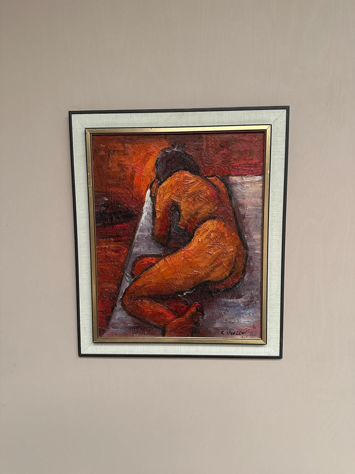 photo vintage Original Italian Oil On Canvas – “Reclined Woman” By Renzo Ugolini – Vintage & Frame – 74 × 63 Cm (29.1" × 24.8")