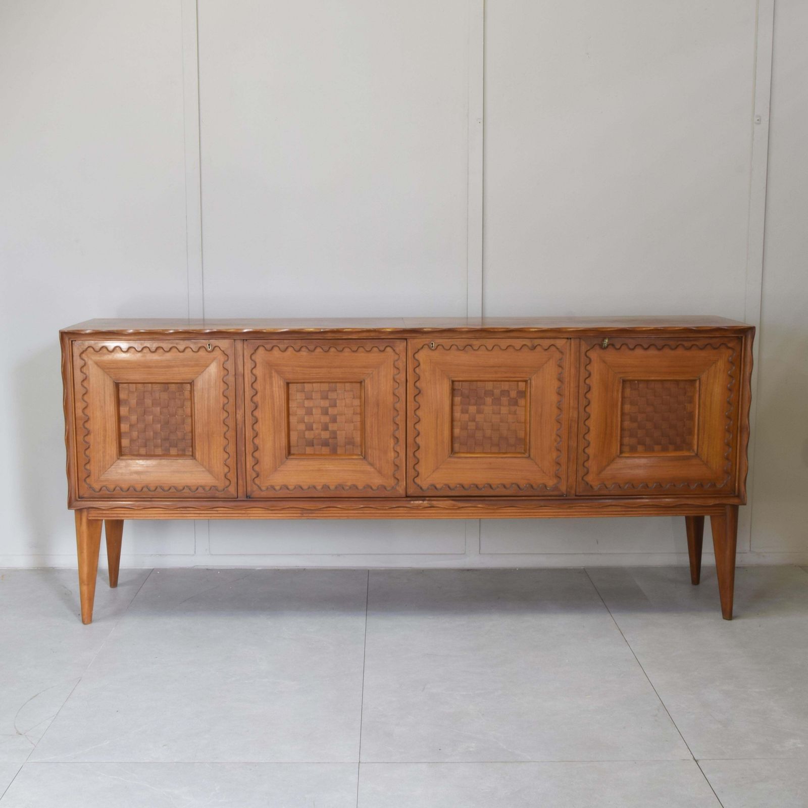 Paolo Buffa Fourdoor Walnut Credenza With Checkerboard Marquetry 1950s photo for sale