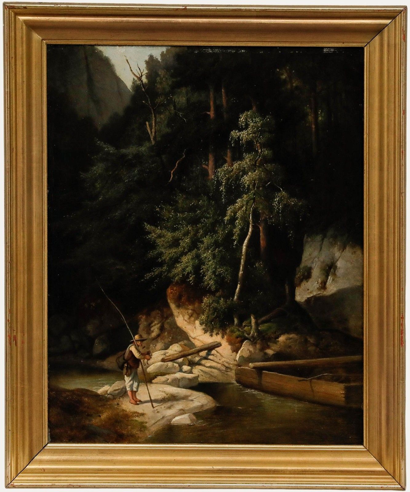 German School 19th Century Oil Angler In The Forest