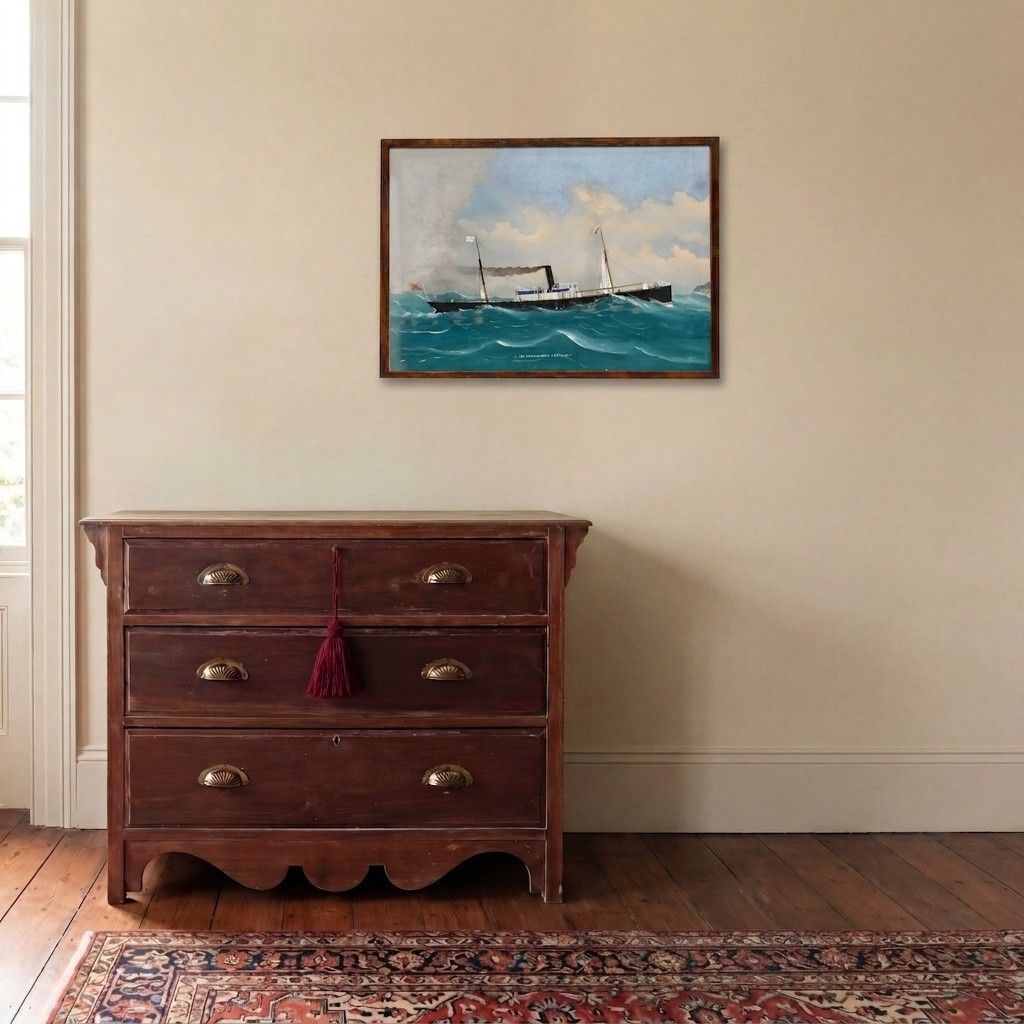 Folk Art Early 20th Century Oil S.S Guillemot  London photo for sale