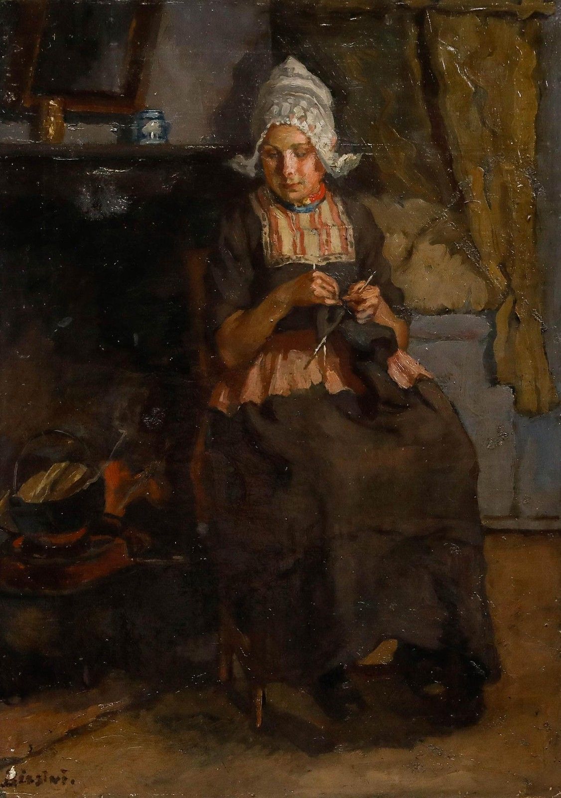 Biasini Early 20th Century Oil, Dutch Woman Knitting photo furniture