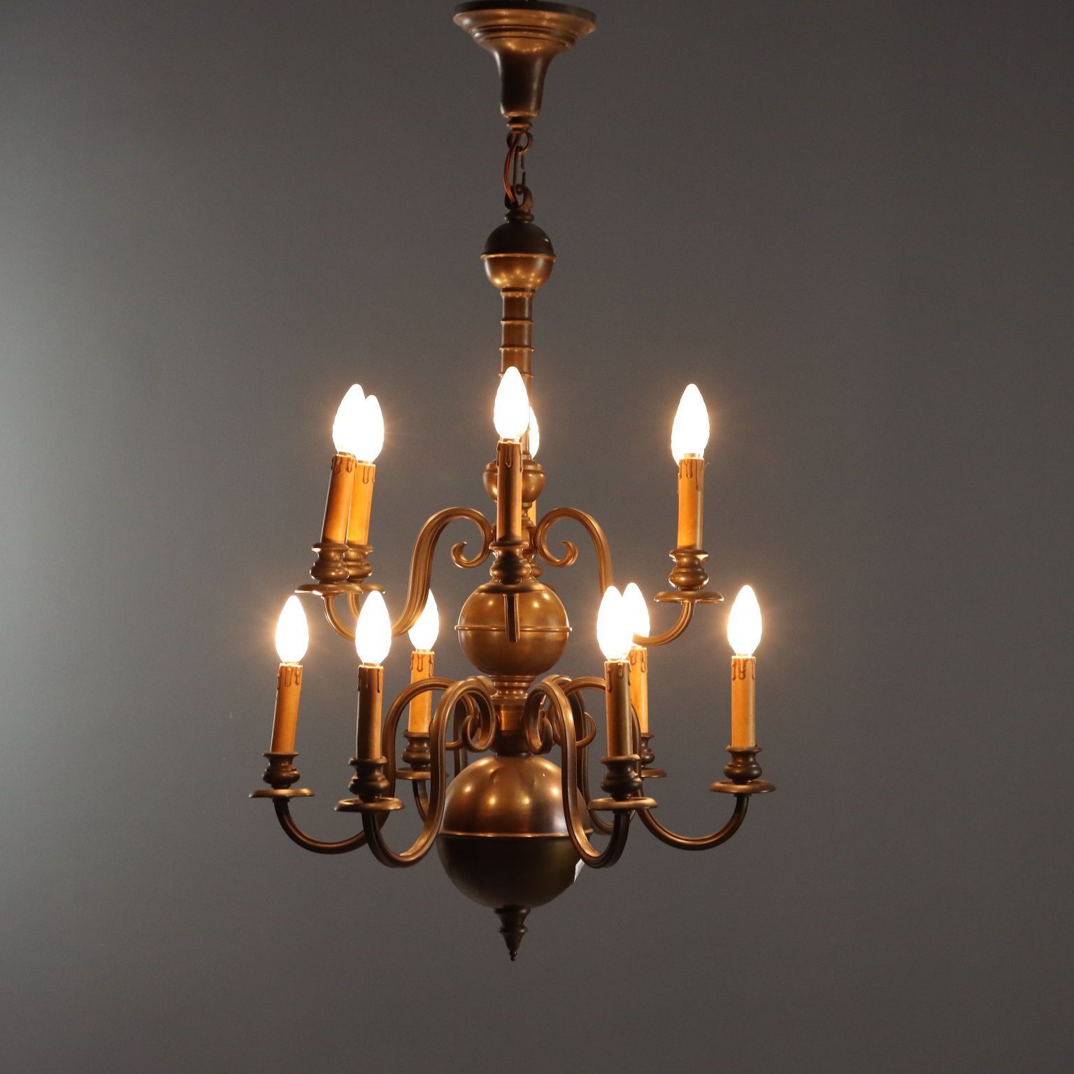 Antique Chandelier Bronze Glass 12 Lights Netherlands XX Century