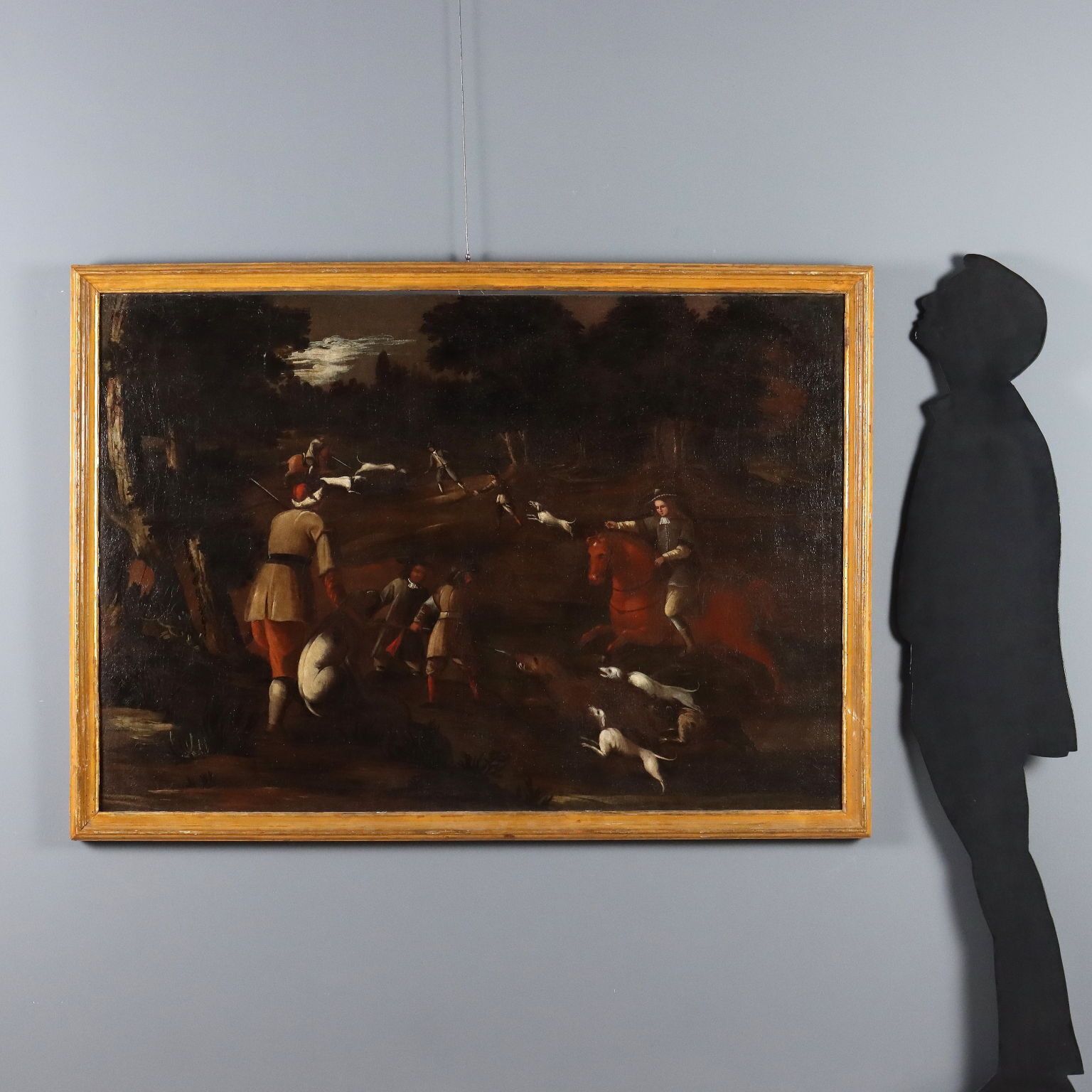 Antiek schilderij jachttafereel olieverf op doek Italië 18e eeuw photo furniture