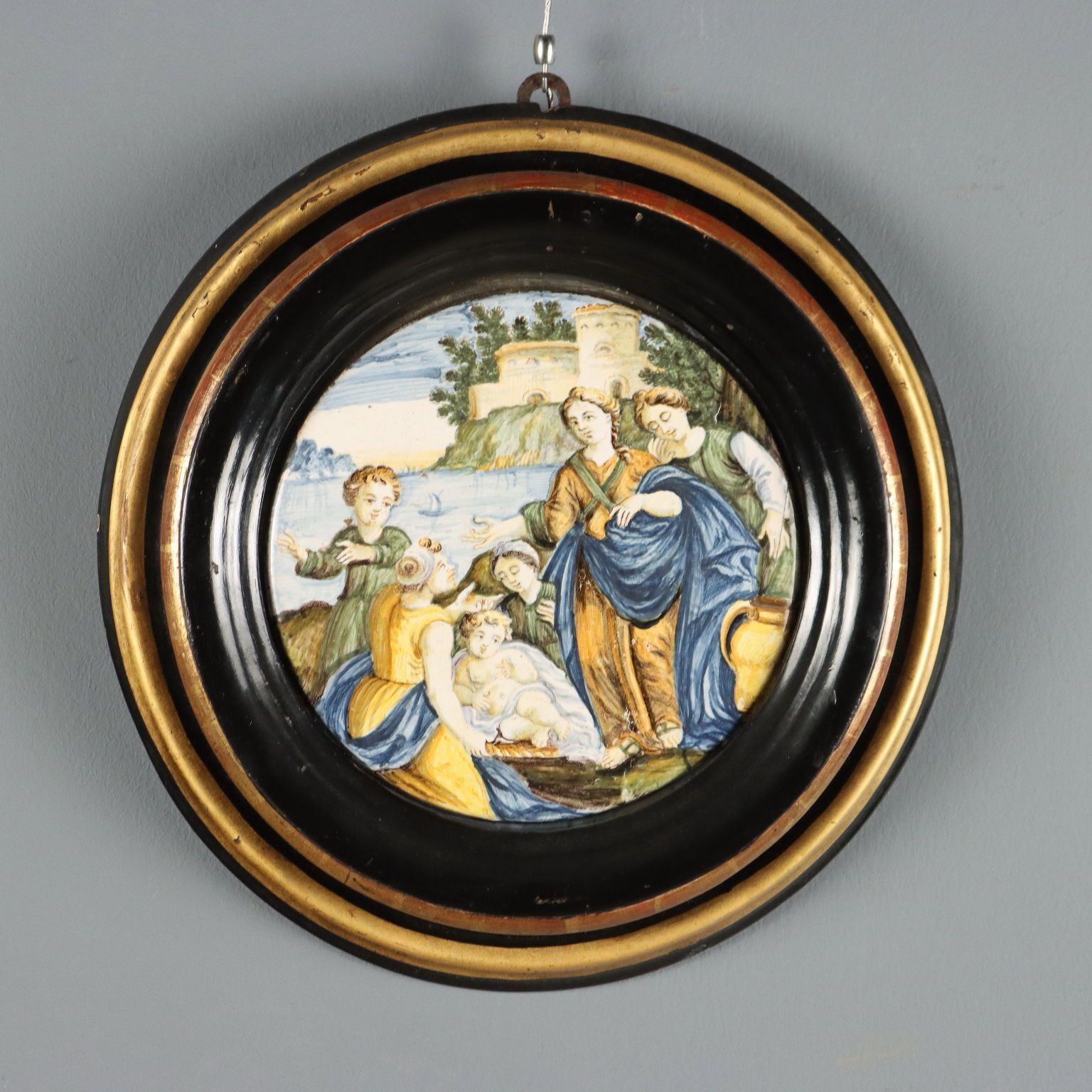 Antique Majolica Tondo Moses Saved From The Waters Majolica '800