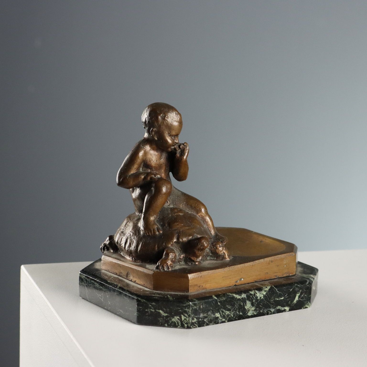 Antique Sculpture Child And Turtle Bronze XIX XX Century