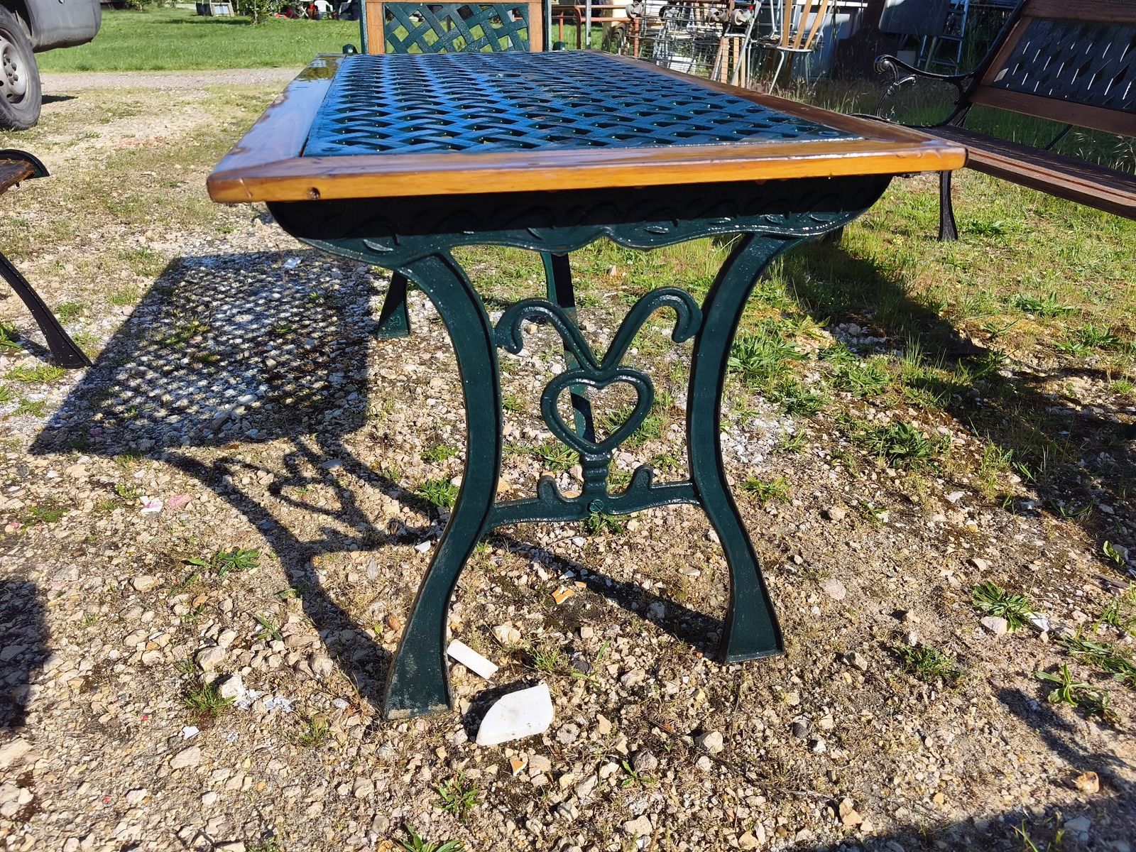 Garden Furniture Set, Table, 3 Benches + 2 Armchairs, Cast Iron And Wood photo vinterior