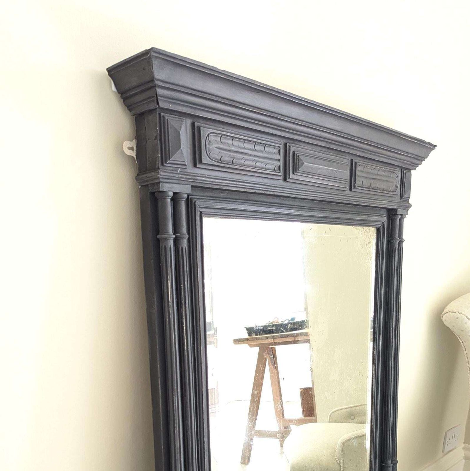 An Antique French Carved Wooden Painted Over Mantel Mirror Antique Wood Framed Mirror photo vinterior