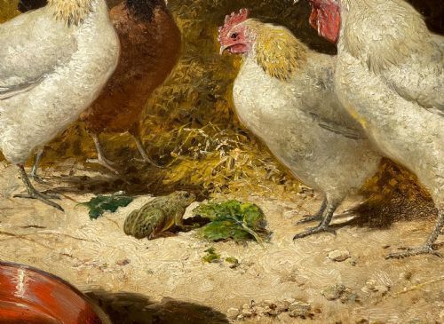 Victorian Poultry Farmyard Oil Painting By Percival Glenfern "Unexpected Company" Toad In A Chicken Coop photo 2250.0