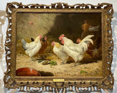 Victorian Poultry Farmyard Oil Painting By Percival Glenfern "Unexpected Company" Toad In A Chicken Coop