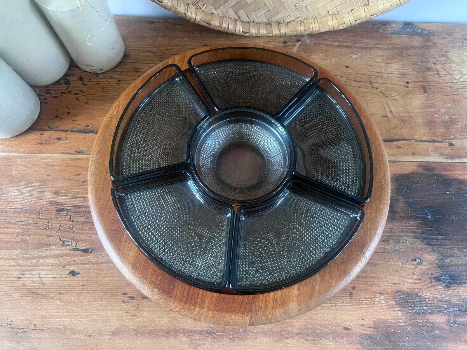 Vintage Digsmed Denmark Teak Lazy Susan, Mid Century Modern Rotating Serving Tray With 6 Smoked Glass Bowls, Mcm Danish Design C. 1960s. photo Home Decor