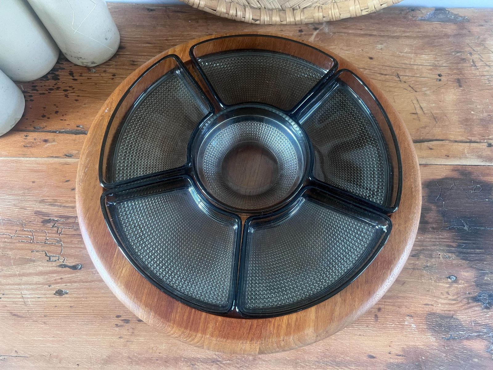 Vintage Digsmed Denmark Teak Lazy Susan, Mid Century Modern Rotating Serving Tray With 6 Smoked Glass Bowls, Mcm Danish Design C. 1960s. photo vintage