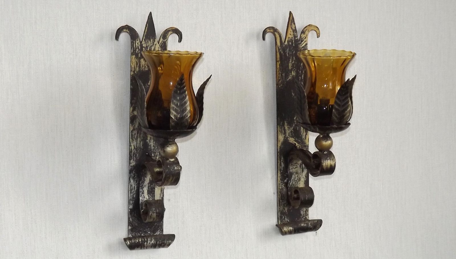 Pair Hand Forged Wrought Iron Medieval Style Wall Lights Amber Glass Shades photo vinterior