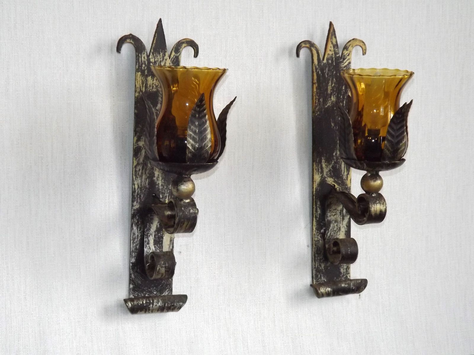 Pair Hand Forged Wrought Iron Medieval Style Wall Lights Amber Glass Shades photo 175.0