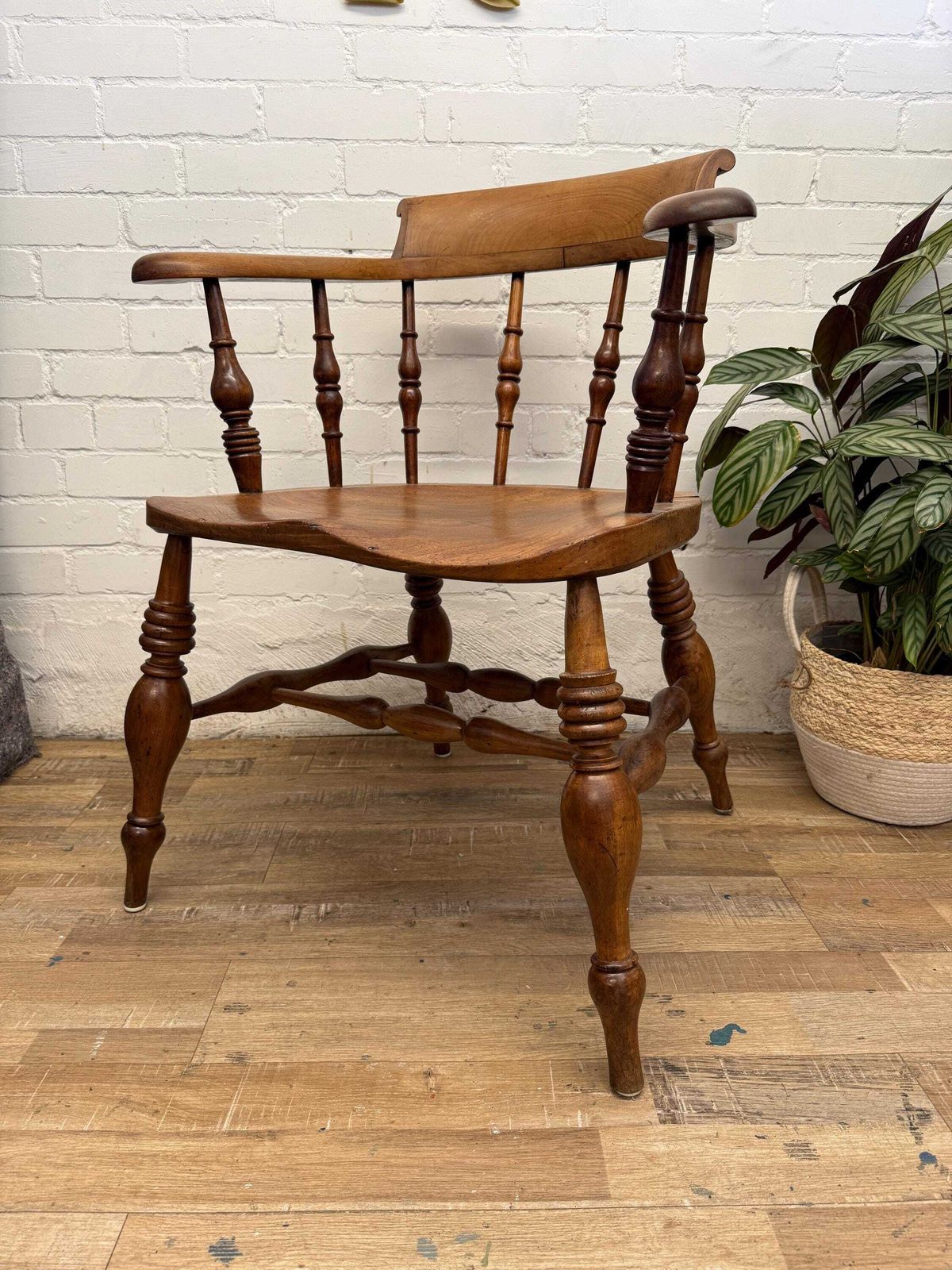 Furniture 19th Century English Victorian Smoker’s Bow Armchair Captains Chair photo
