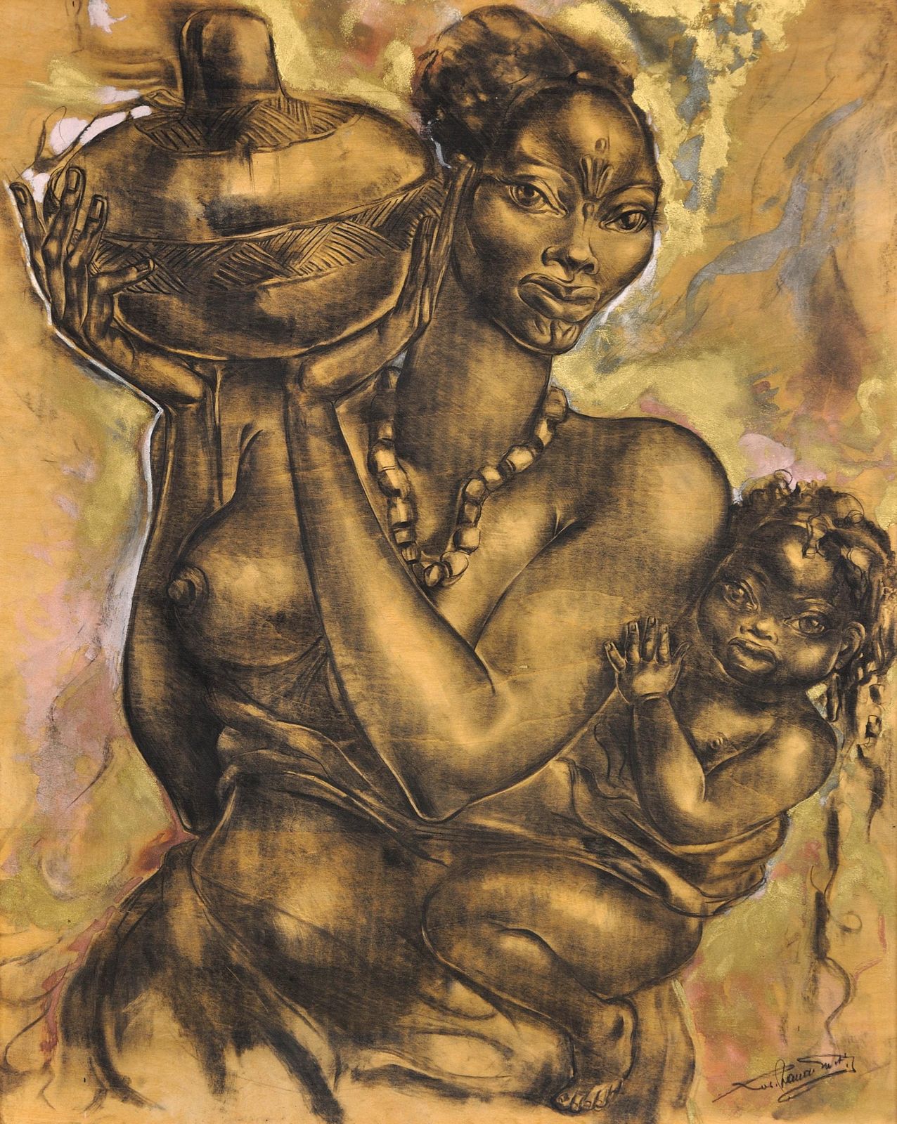 Mother And Child. Indistinctly Signed. 20th Century Framed Original Artwork. Mixed Media Charcoal, Oil Paint & Spray Paint On Plywood. photo furniture