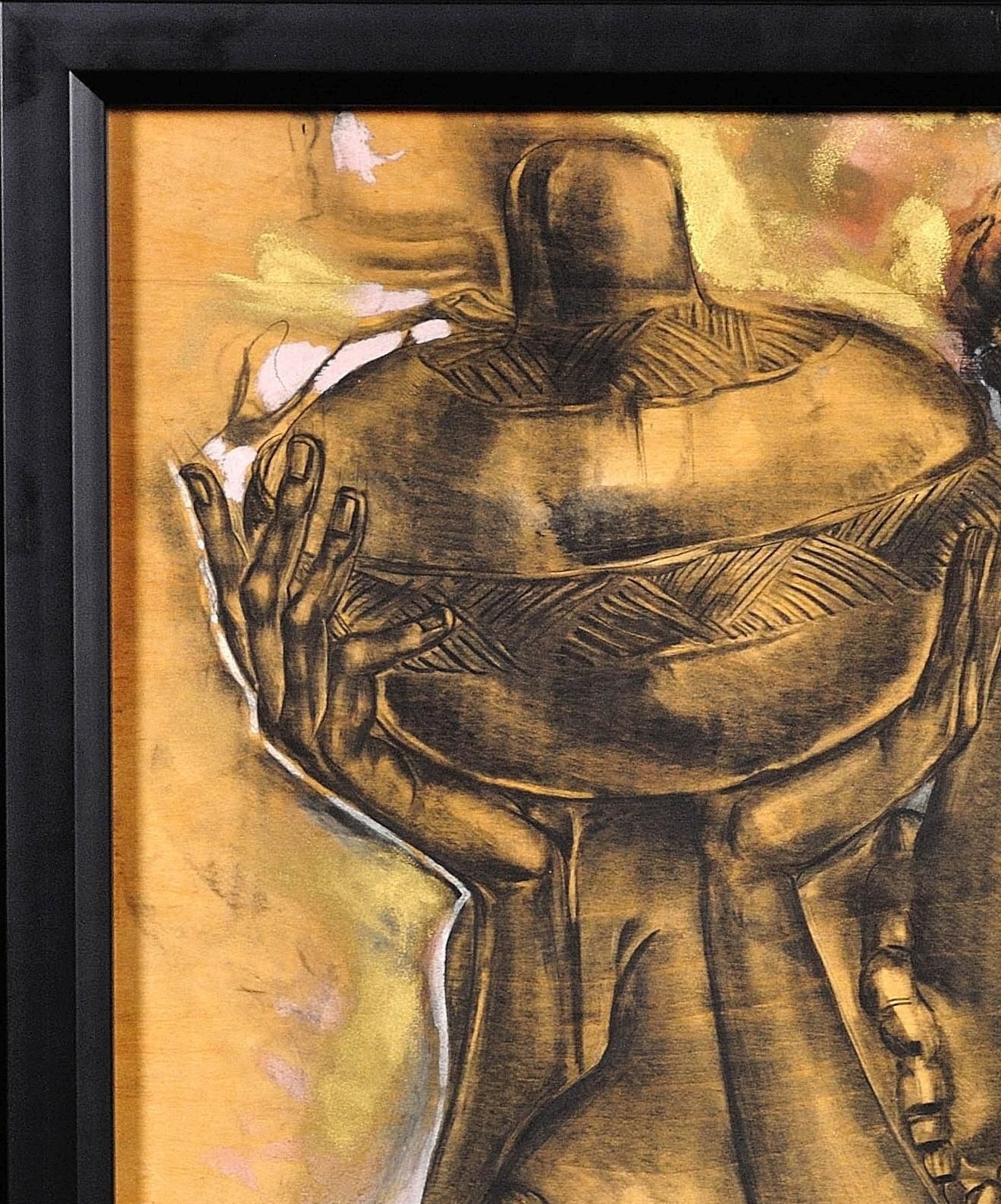 Mother And Child. Indistinctly Signed. 20th Century Framed Original Artwork. Mixed Media Charcoal, Oil Paint & Spray Paint On Plywood. photo 4985.0