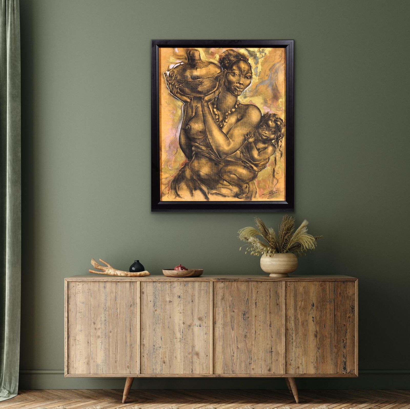 photo buy Moeder en Kind. Onduidelijk gesigneerd. Ingelijst kunstwerk, gemengde techniek, 20e eeuw. Houtskool, olieverf en spuitverf op multiplex.