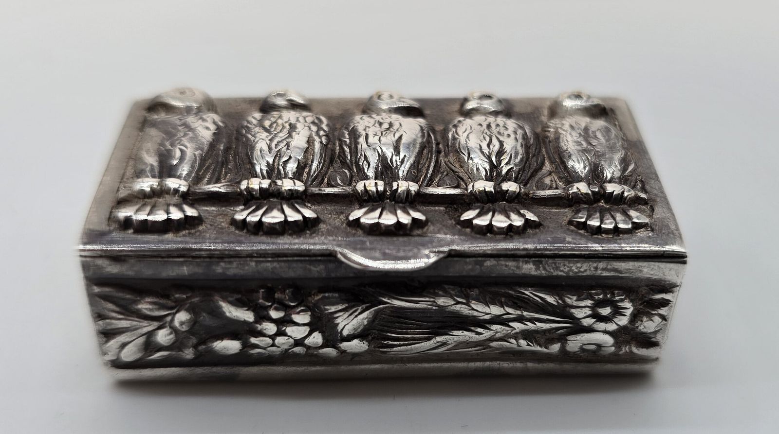 19th Century Silver Box, Heavily Cast Depicting 4 Birds, Continental Circa 1880 photo Home Decor