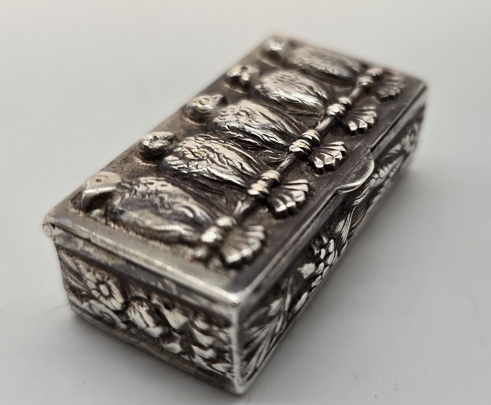 19th Century Silver Box, Heavily Cast Depicting 4 Birds, Continental Circa 1880 photo 430.0
