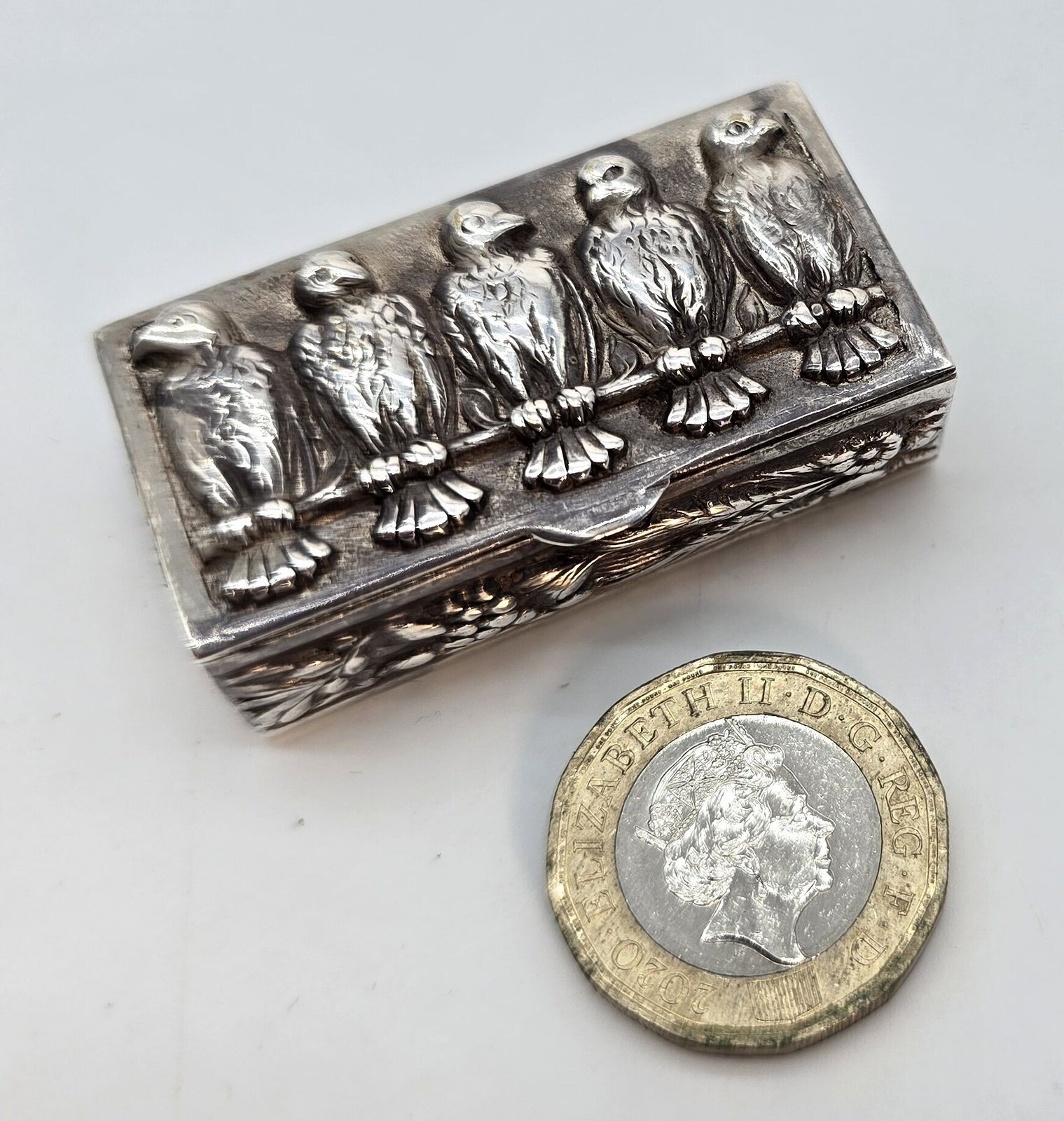 19th Century Silver Box, Heavily Cast Depicting 4 Birds, Continental Circa 1880