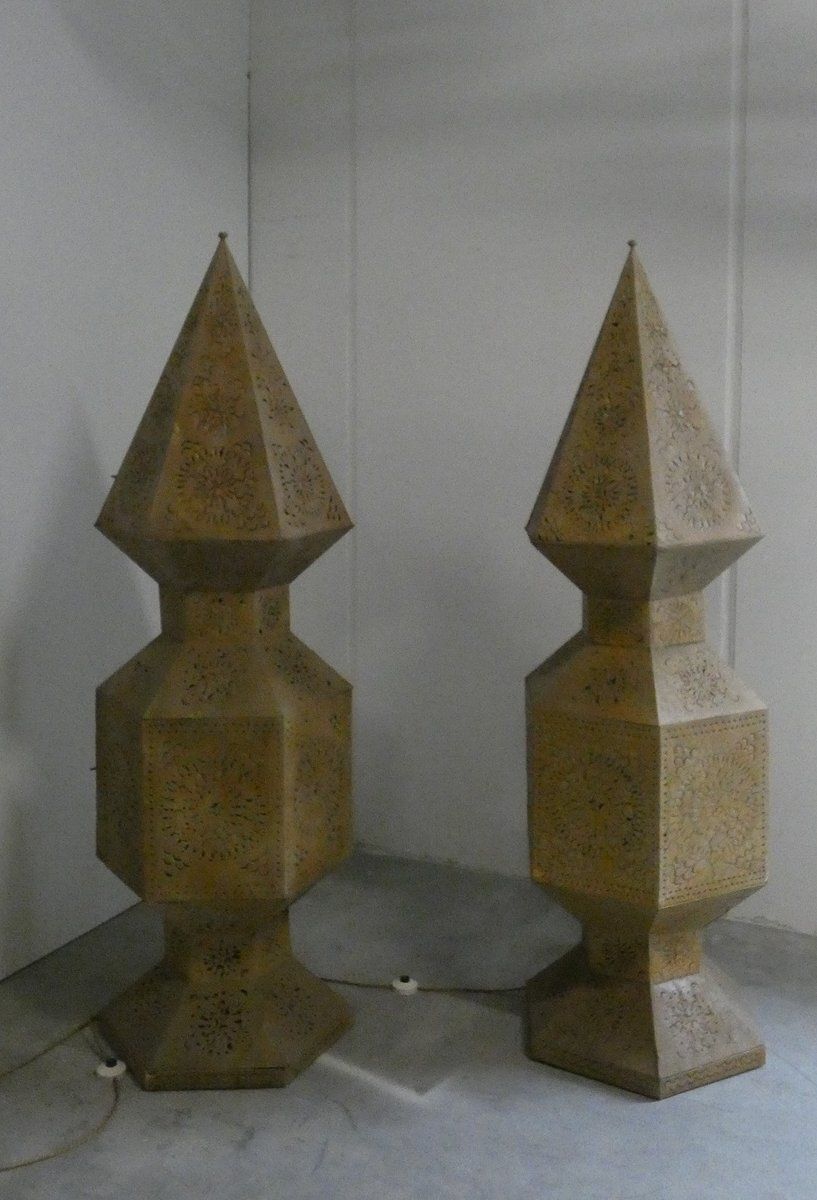 Large Moroccan Perforated Metal Tower Lamps, 1980s, Set Of 2