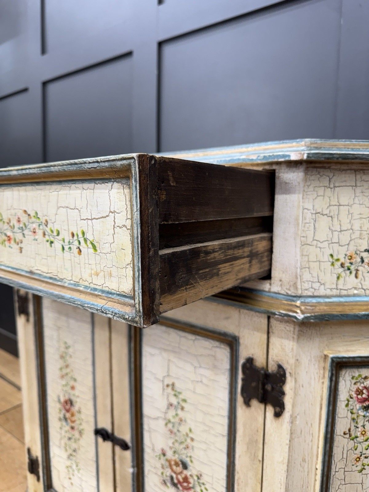 photo for sale Vintage French Cream Floral Painted Side Cupboard Cabinet Sideboard Drawer Doors