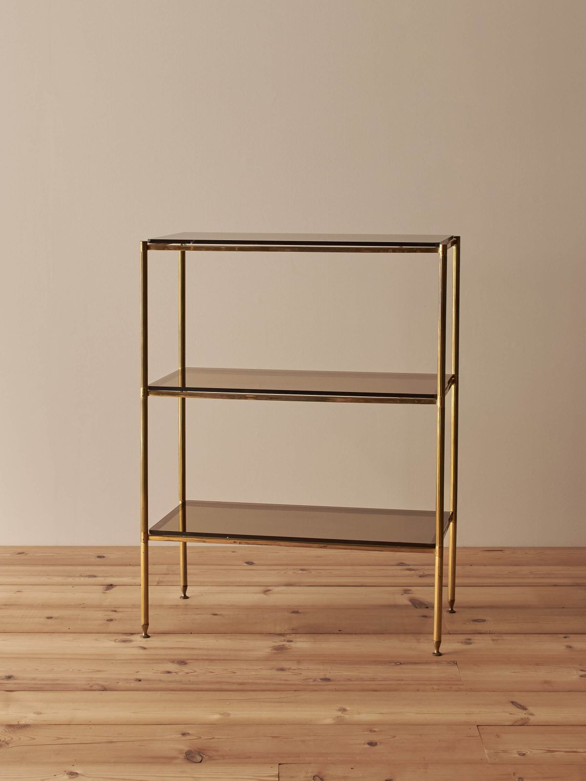 Mid Century Brass And Smoked Glass Shelving Unit