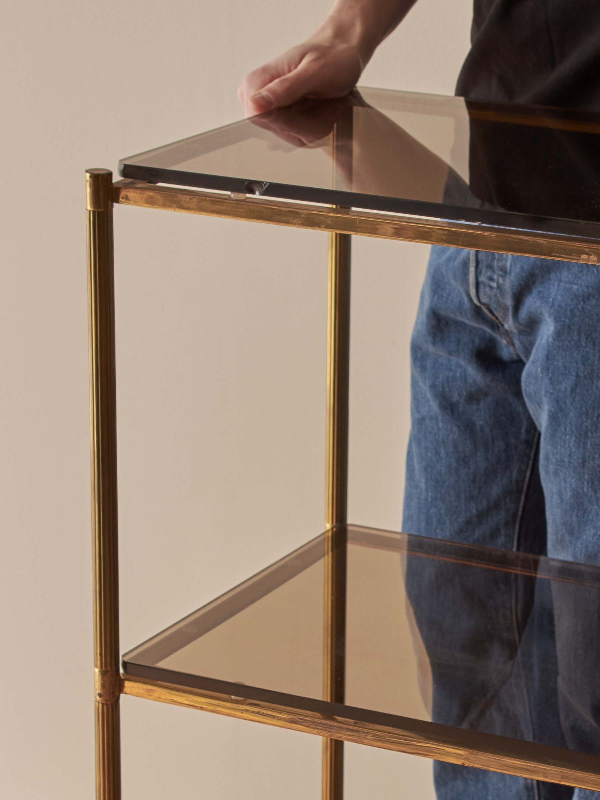 Mid Century Brass And Smoked Glass Shelving Unit photo 900.0