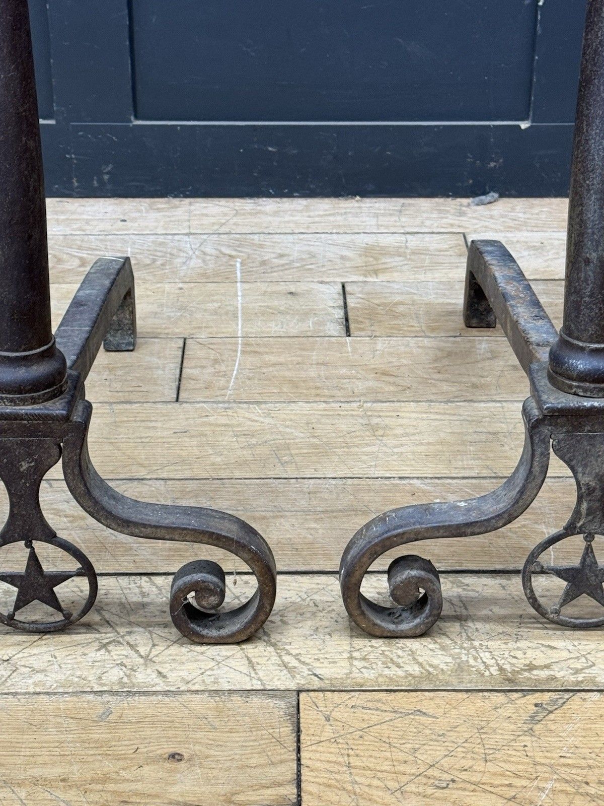 Large Pair Antique Cast Iron Fire Dogs Andirons Fireplace Scroll Supports C1900 photo for sale