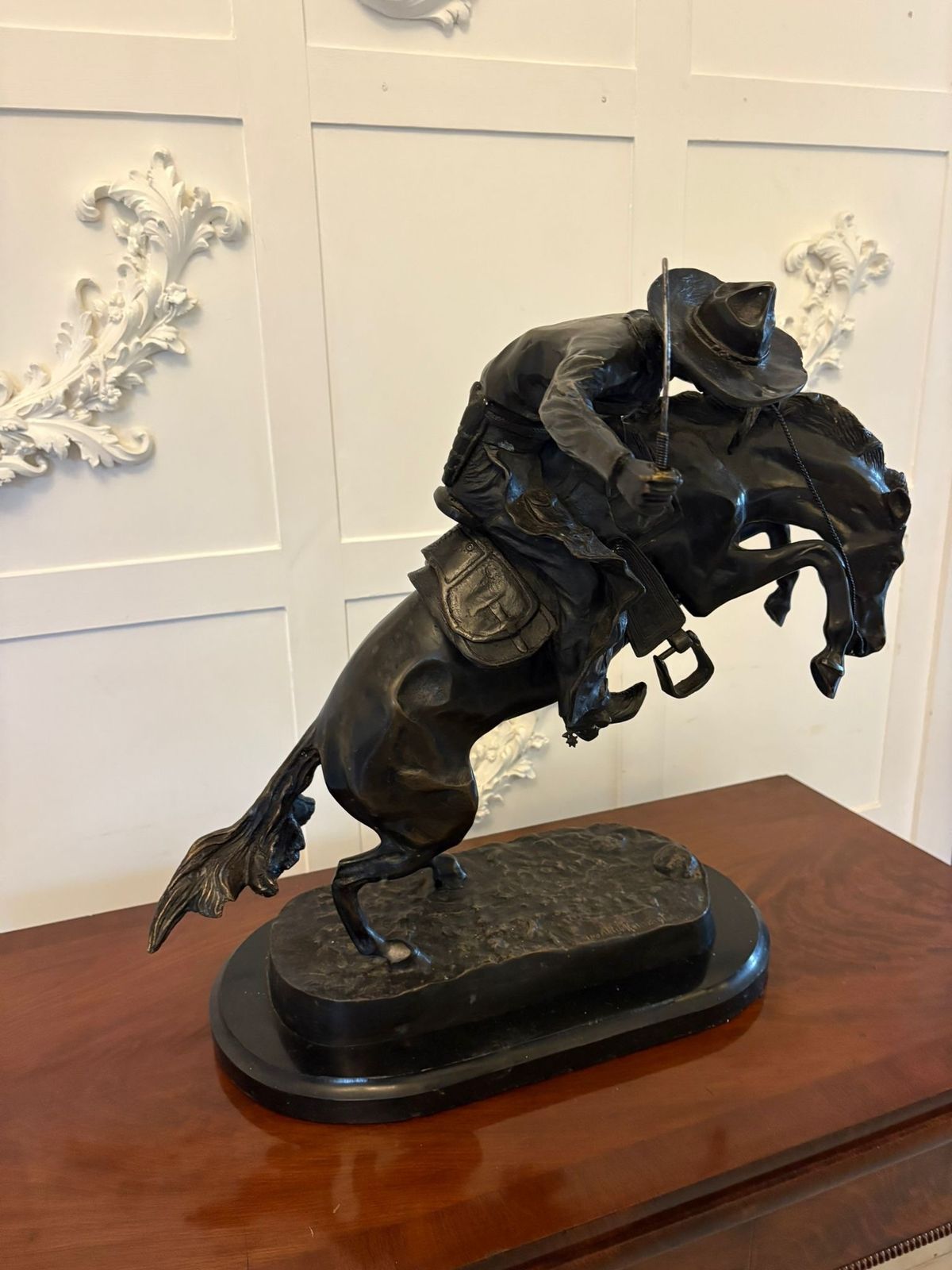 Antique Large Bronze Cowboy On Bucking Horse Sculpture After Remington Broncho Buster Western Equestrian Figure photo Art