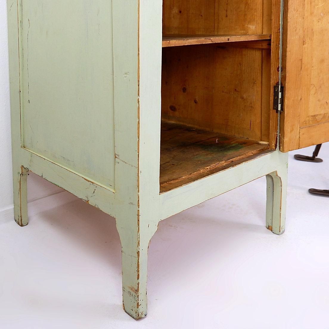 photo furniture Vintage Green Patinated Wood Pedestal Cabinet Storage Stand