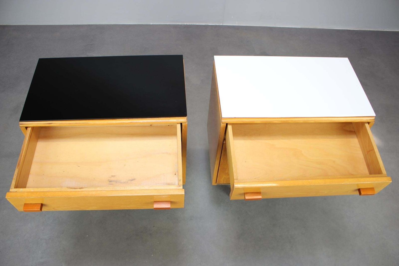 1960s František Mezulaník Mid Century Maple Nightstands With Black And White Gla photo for sale