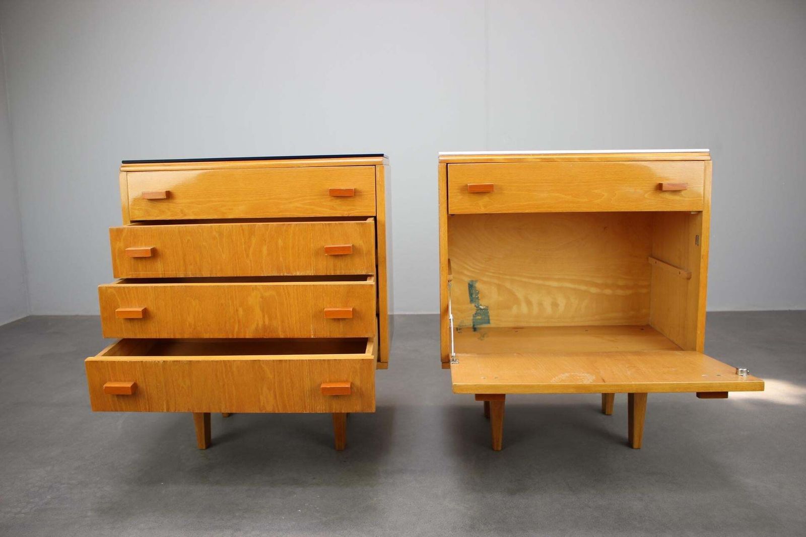 1960s František Mezulaník Mid Century Maple Nightstands With Black And White Gla photo 797.0