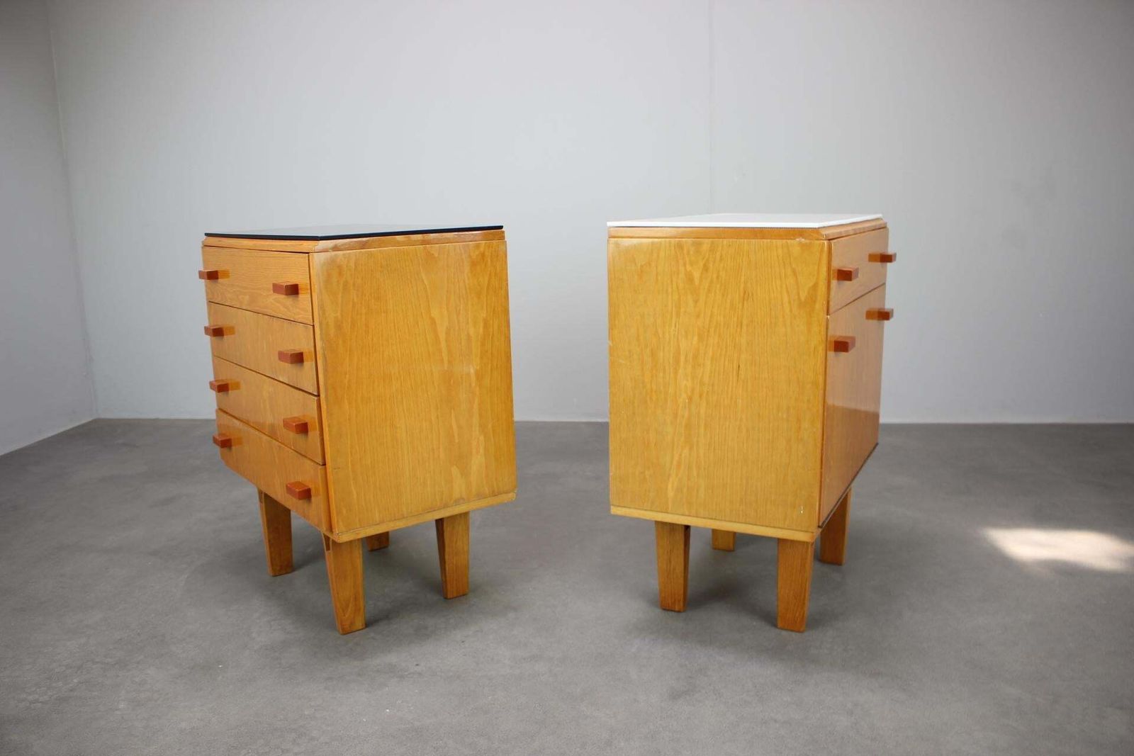 1960s František Mezulaník Mid Century Maple Nightstands With Black And White Gla photo buy