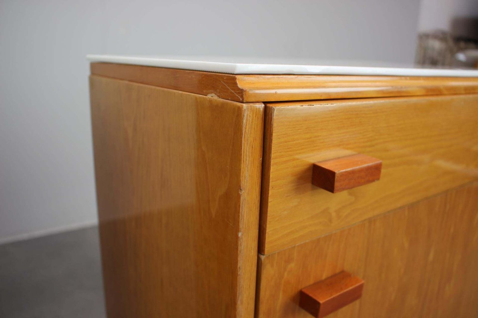 photo buy 1960s František Mezulaník Mid Century Maple Nightstands With Black And White Gla